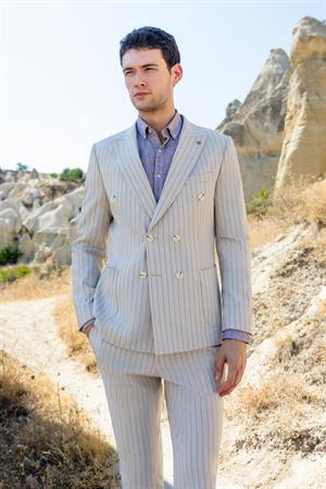 Morven Erkek Bej Keten Trend Kruvaze Slim Fit Sivri Yaka Takım Elbise