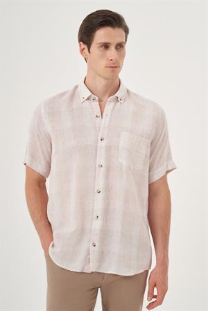Morven Erkek Bej Keten Trend Regular Fit Düğmeli Yaka Kısa Kol Gömlek