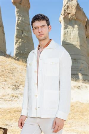 Morven Erkek Bej Keten Worker Gömlek Mont