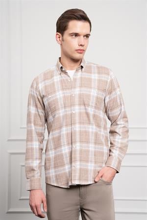 Morven Erkek Bej Kışlık Düğmeli Yaka Regular Fit Gömlek