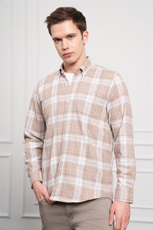 Morven Erkek Bej Kışlık Düğmeli Yaka Regular Fit Gömlek