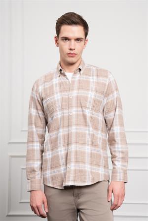 Morven Erkek Bej Kışlık Düğmeli Yaka Regular Fit Gömlek
