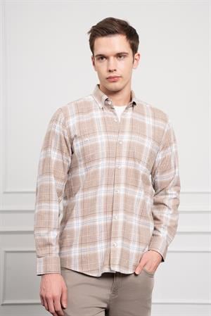 Morven Erkek Bej Kışlık Düğmeli Yaka Regular Fit Gömlek