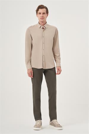 Morven Erkek Bej Örme Slim Fit Düğmeli Yaka Gömlek