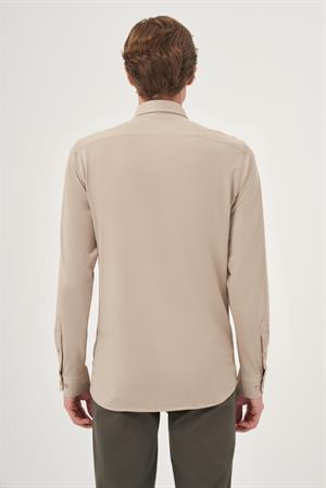 Morven Erkek Bej Örme Slim Fit Düğmeli Yaka Gömlek