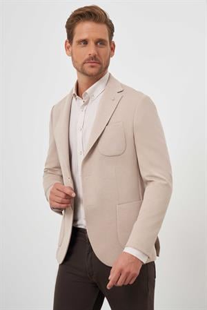 Morven Erkek Bej Örme Slim Fit Torba Cep Mono Yaka Spor Ceket