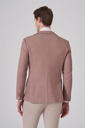 Morven Erkek Bej Örme Trend Kareli Slim Fit Mono Yaka Ceket