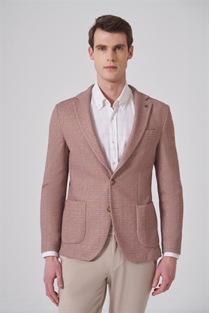 Morven Erkek Bej Örme Trend Kareli Slim Fit Mono Yaka Ceket