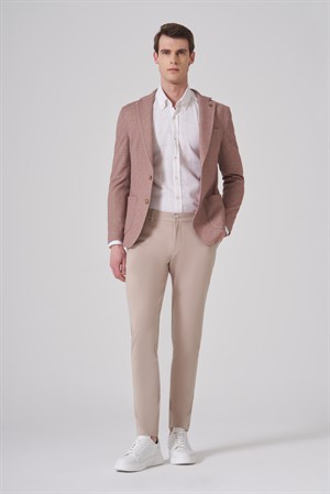 Morven Erkek Bej Örme Trend Kareli Slim Fit Mono Yaka Ceket