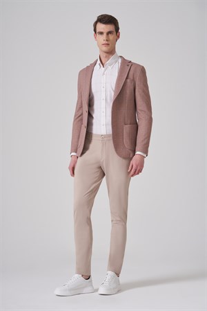 Morven Erkek Bej Örme Trend Kareli Slim Fit Mono Yaka Ceket