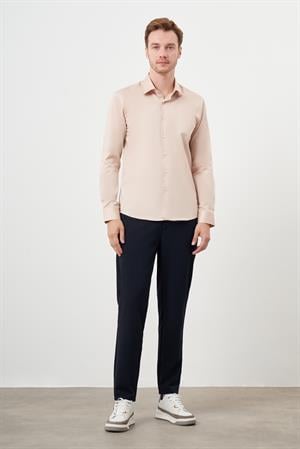 Morven Erkek Bej Pamuk Düz Desen Sert Yaka Slim Fit  Gömlek