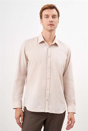 Morven Erkek Bej Pamuk Düz Desen Sert Yaka Regular Fit Gömlek