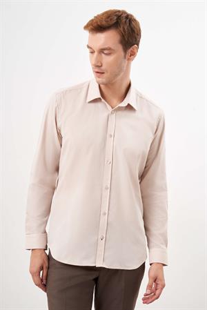 Morven Erkek Bej Pamuk Düz Desen Sert Yaka Regular Fit Gömlek