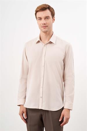 Morven Erkek Bej Pamuk Düz Desen Sert Yaka Regular Fit Gömlek