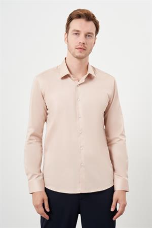 Morven Erkek Bej Pamuk Düz Desen Sert Yaka Slim Fit  Gömlek