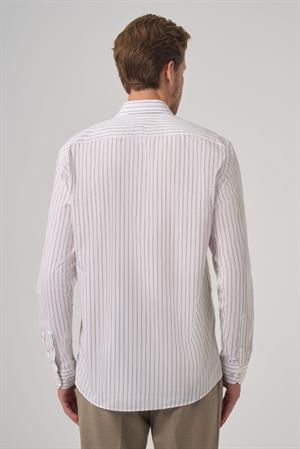 Morven Erkek Bej Pamuk Trend Çizgili Slim Fit Yarım İtalyan Yaka Gömlek