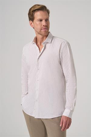 Morven Erkek Bej Pamuk Trend Çizgili Slim Fit Yarım İtalyan Yaka Gömlek