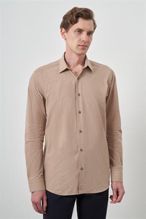 Morven Erkek Bej Pamuk Trend Slim Fit Sert Yaka Gömlek