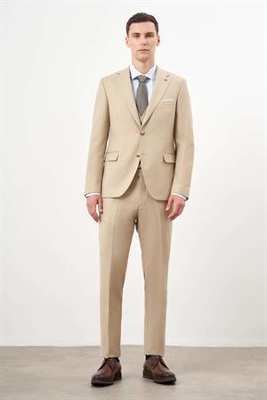 Morven Erkek Bej Poliviskon Basic Yelekli Düz Desen Slim Fit Mono Yaka Takım Elbise