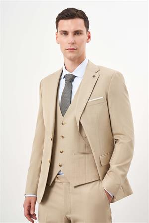 Morven Erkek Bej Poliviskon Basic Yelekli Düz Desen Slim Fit Mono Yaka Takım Elbise