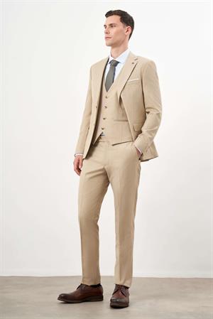 Morven Erkek Bej Poliviskon Basic Yelekli Düz Desen Slim Fit Mono Yaka Takım Elbise