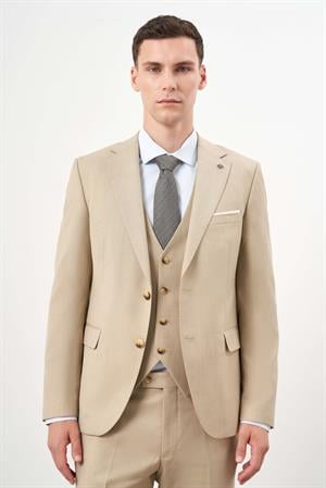 Morven Erkek Bej Poliviskon Basic Yelekli Düz Desen Slim Fit Mono Yaka Takım Elbise