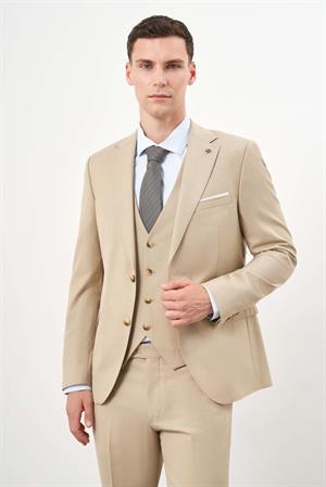 Morven Erkek Bej Poliviskon Basic Yelekli Düz Desen Slim Fit Mono Yaka Takım Elbise