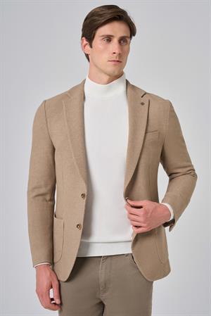 Morven Erkek Bej Poliviskon Trend Desenli Slim Fit Mono Yaka Dokuma Ceket