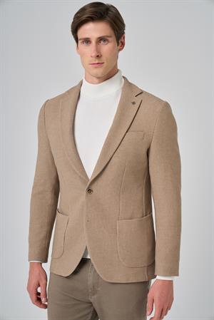 Morven Erkek Bej Poliviskon Trend Desenli Slim Fit Mono Yaka Dokuma Ceket