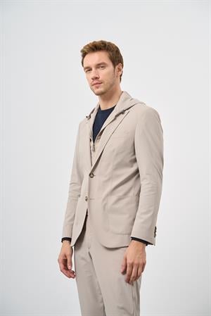 Morven Erkek Bej Polyamide Torba Cep Kapüşonlu Slim Fit Mono Yaka Spor Takım Elbise