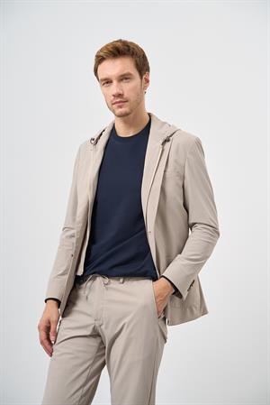 Morven Erkek Bej Polyamide Torba Cep Kapüşonlu Slim Fit Mono Yaka Spor Takım Elbise