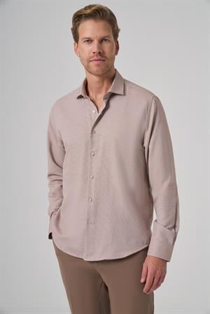 Morven Erkek Bej Polyester Trend Desenli Dynamic Fit İtalyan Yaka Gömlek