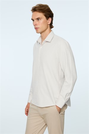 Morven Erkek Bej Polyester Trend Desenli Dynamic Fit Sert Yaka Gömlek