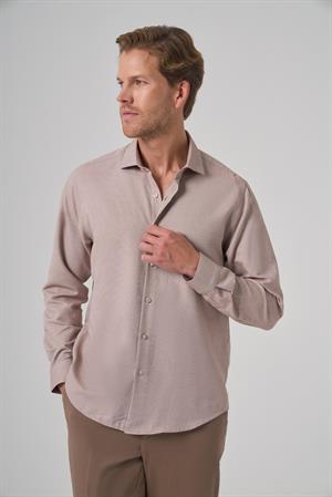 Morven Erkek Bej Polyester Trend Desenli Dynamic Fit İtalyan Yaka Gömlek