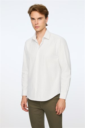 Morven Erkek Bej Trend Çizgili Dynamic Fit Sert Yaka Gömlek