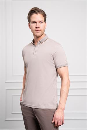 Morven Erkek Bej Trend Merserize Düz Düğmeli Yaka Dynamic Fit T-Shirt
