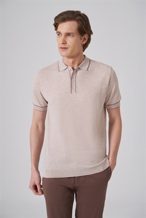 Morven Erkek Bej Trend Polo Yaka Jakarlı Triko T-Shirt