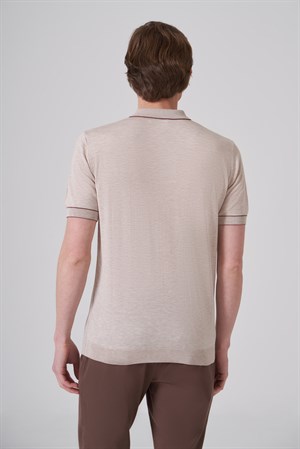 Morven Erkek Bej Trend Polo Yaka Jakarlı Triko T-Shirt
