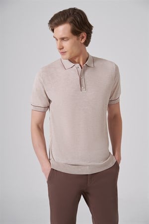 Morven Erkek Bej Trend Polo Yaka Jakarlı Triko T-Shirt