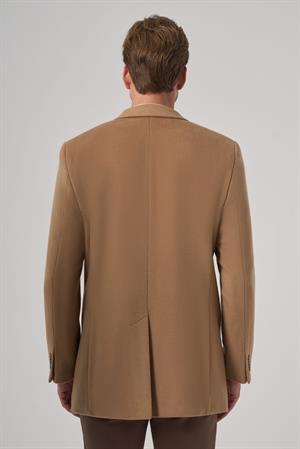 Morven Erkek Bej Yünlü Düz Dynamic Fit Sivri Yaka Kaban