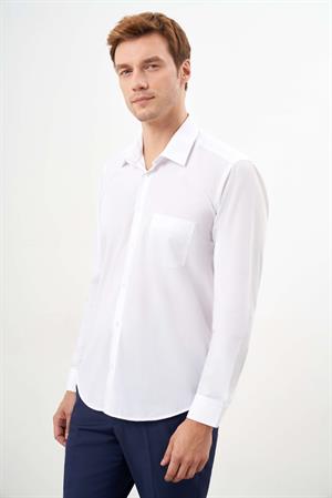Morven Erkek Beyaz Basic Düz Desen Cepli Sert Yaka Regular Fit Gömlek