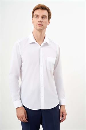 Morven Erkek Beyaz Basic Düz Desen Cepli Sert Yaka Regular Fit Gömlek