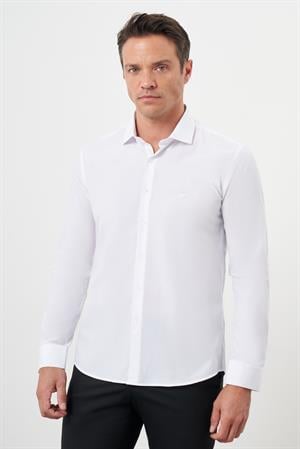 Morven Erkek Beyaz Basic Düz Desen İtalyan Yaka Slim Fit Gömlek