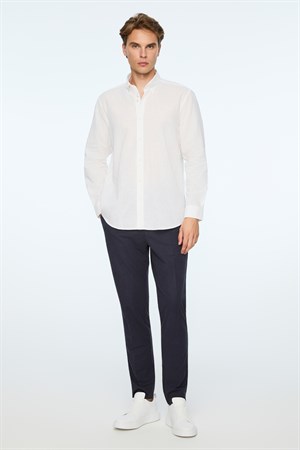 Morven Erkek Beyaz Keten Trend Düz Regular Fit Düğmeli Yaka Gömlek
