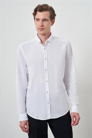 Morven Erkek Beyaz Keten Trend Dynamic Fit Düğmeli Yaka Gömlek