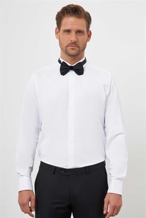 Morven Erkek Beyaz Manşetli Düz Desen Ata Yaka Slim Fit Gömlek