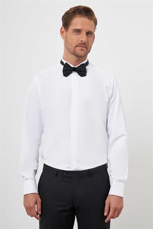 Morven Erkek Beyaz Manşetli Düz Desen Ata Yaka Slim Fit Gömlek