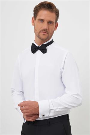 Morven Erkek Beyaz Manşetli Düz Desen Ata Yaka Slim Fit Gömlek