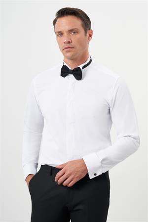 Morven Erkek Beyaz Manşetli Düz Desen Ata Yaka Slim Fit Gömlek