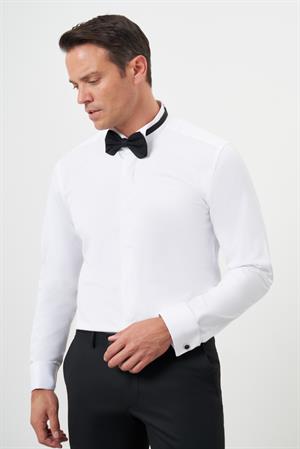 Morven Erkek Beyaz Manşetli Düz Desen Ata Yaka Slim Fit Gömlek